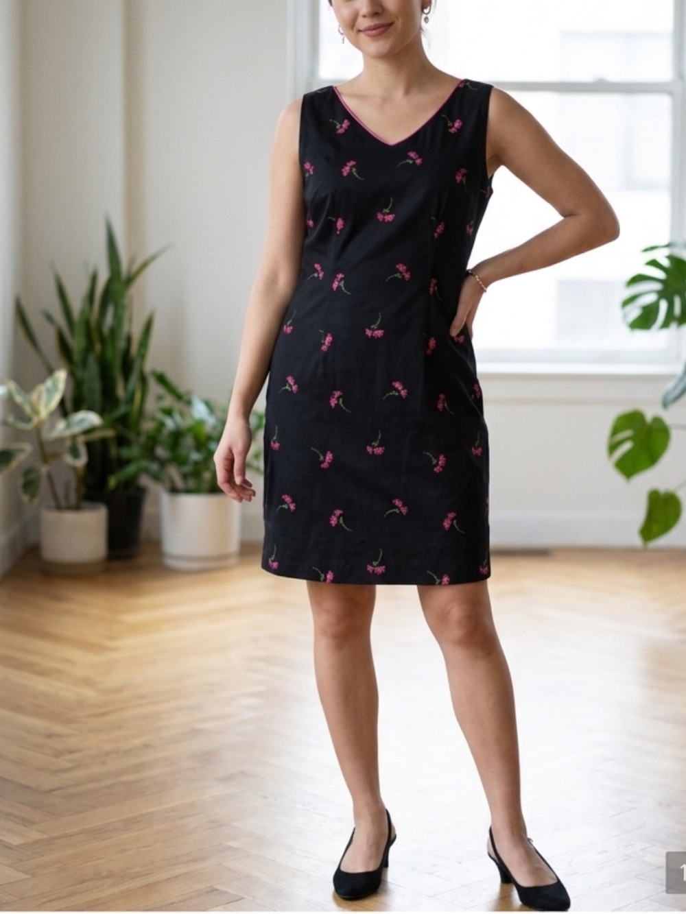 Black Mini Dress with Pink Floral Embroidery - Amanda Smith Petite - 6P